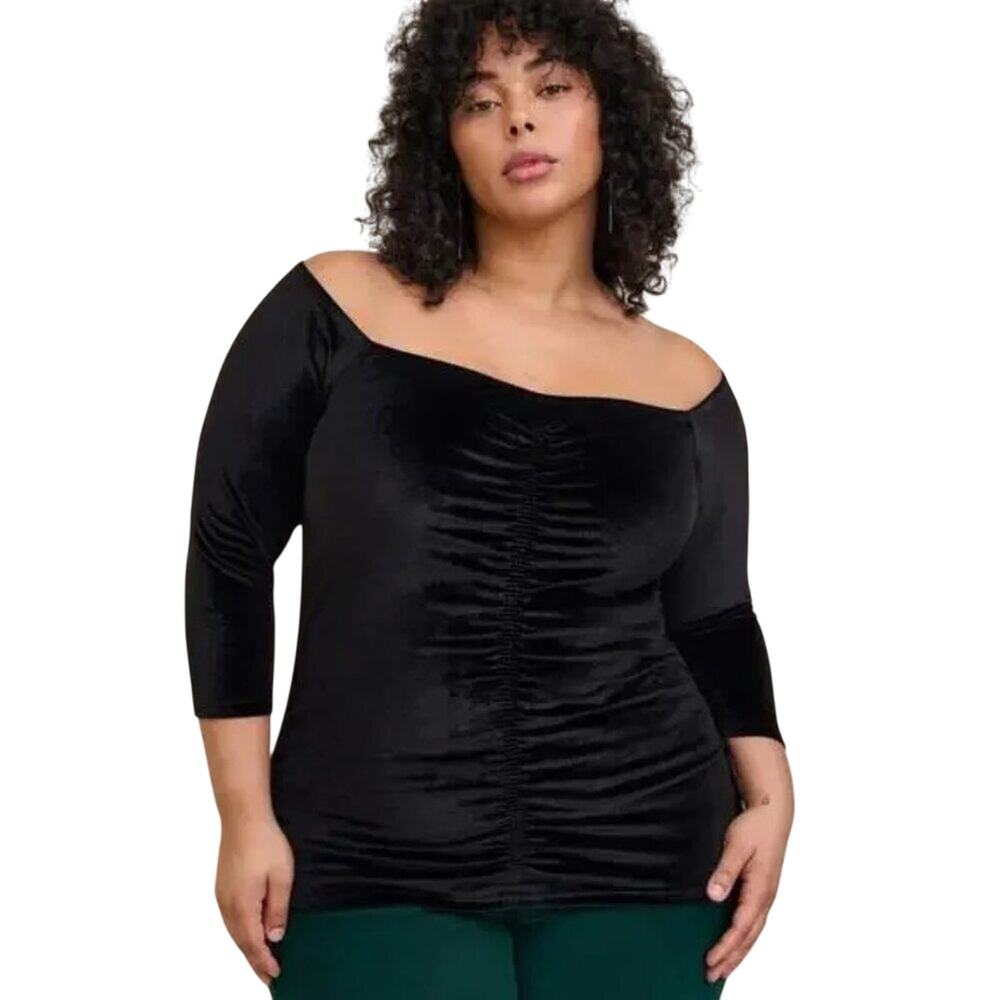 NWT Torrid Black Stretch Velvet Ruched Off Shoulder Top Goth Coquette Glam 4X